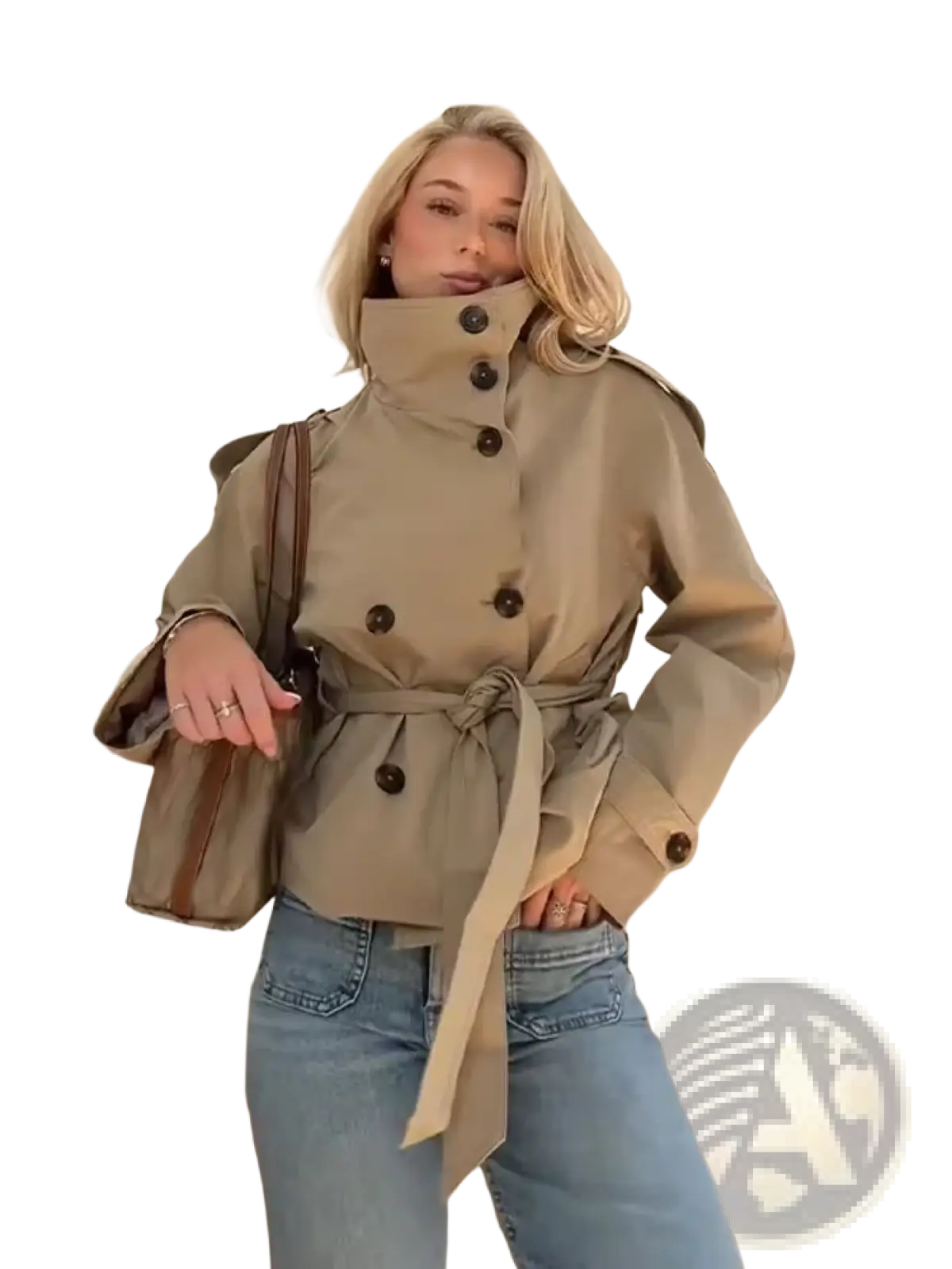 Beige short trench coat for women with dark brown buttons and matching belt in double breasted streetwear style