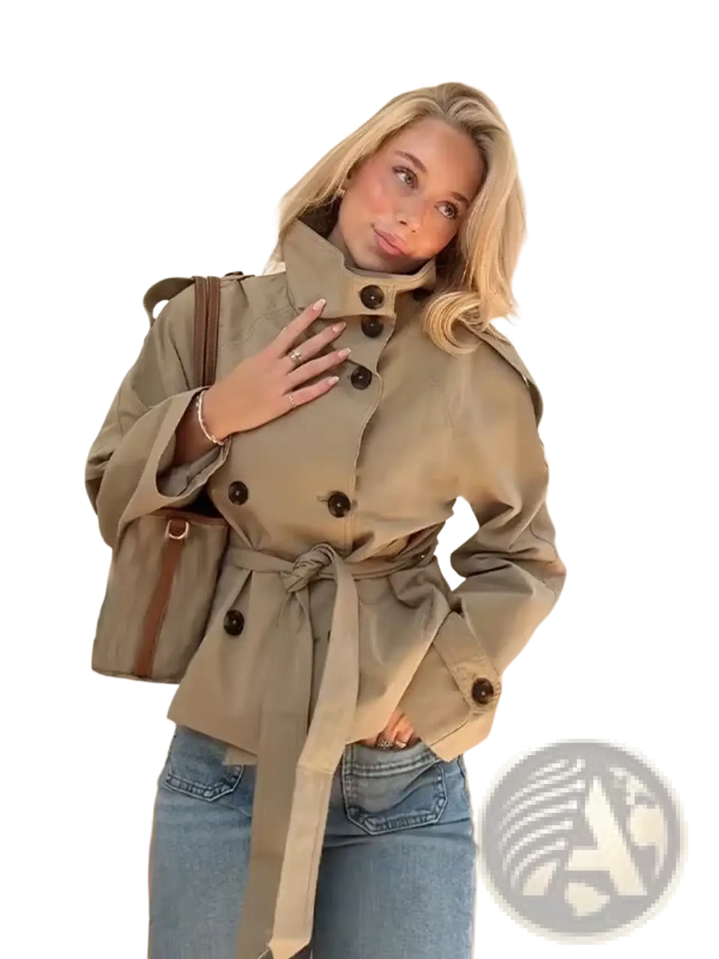 Beige short trench coat women double breasted streetwear with dark brown buttons and matching belt visible from the back