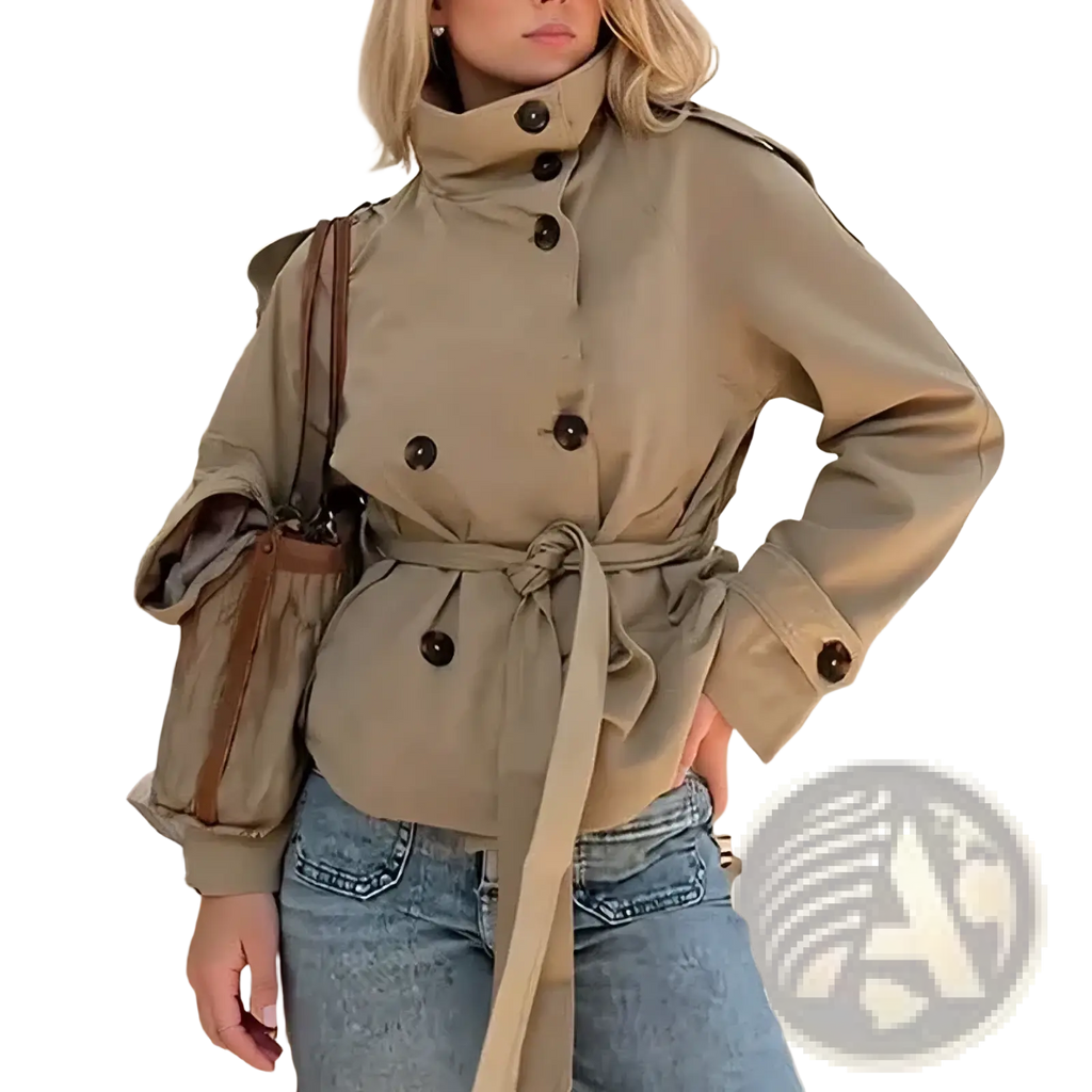 Short trench coat for women in beige with dark brown buttons and matching belt featuring a double breasted design