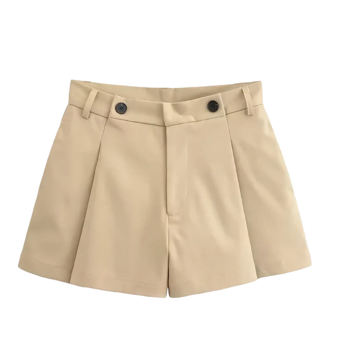 Beige pleated shorts with black button closures styled with a short trench coat women double breasted streetwear
