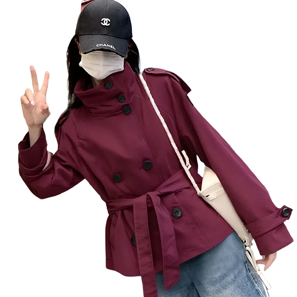 Maroon short trench coat for women with double-breasted black buttons and a belted waist for streetwear