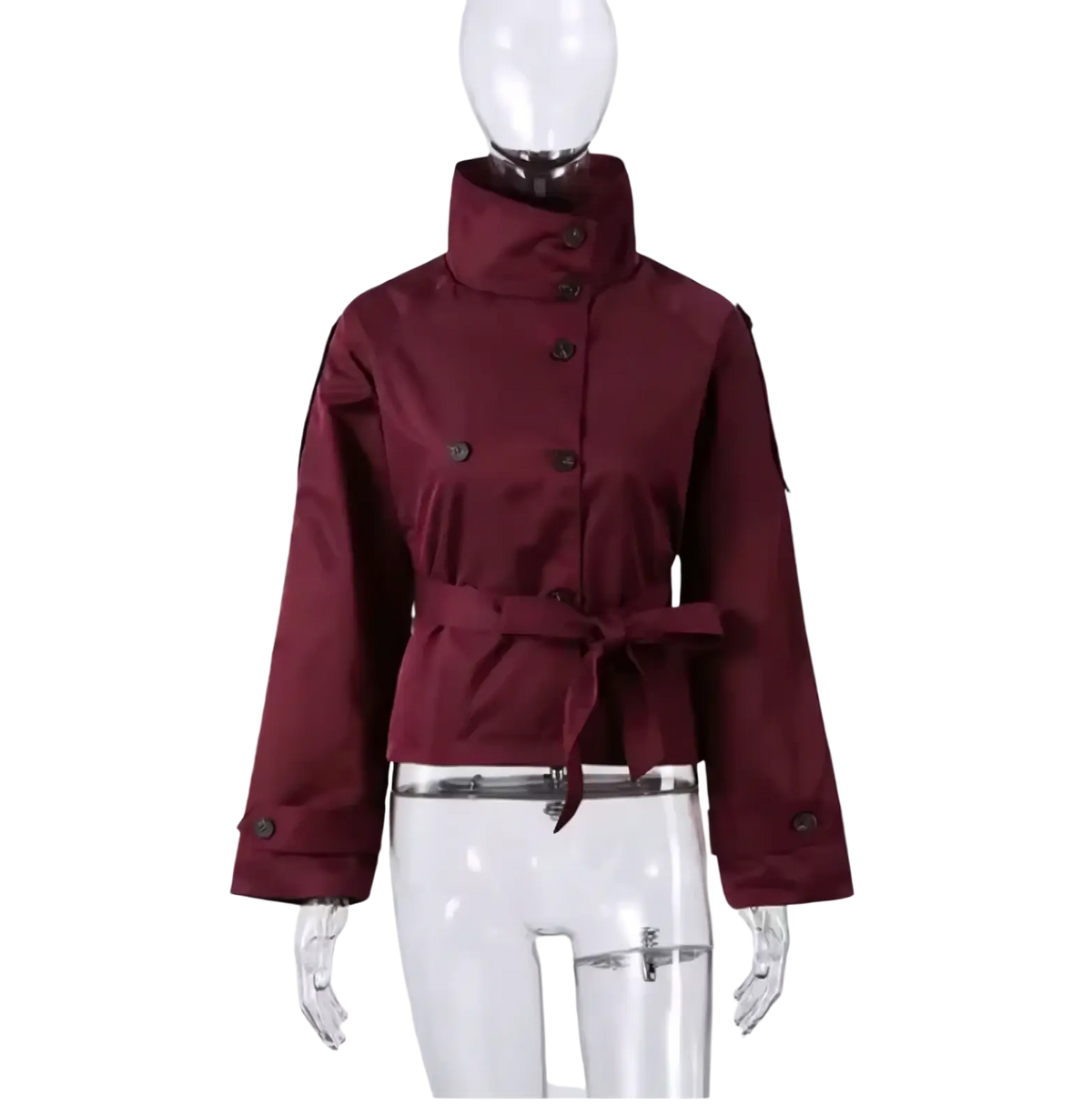 Short trench coat women double breasted maroon with high collar black buttons and self tie belt for streetwear