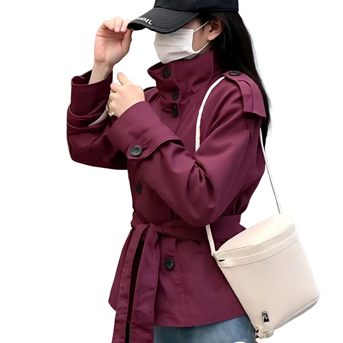 Short trench coat women double breasted streetwear in maroon with black buttons and a belted waist