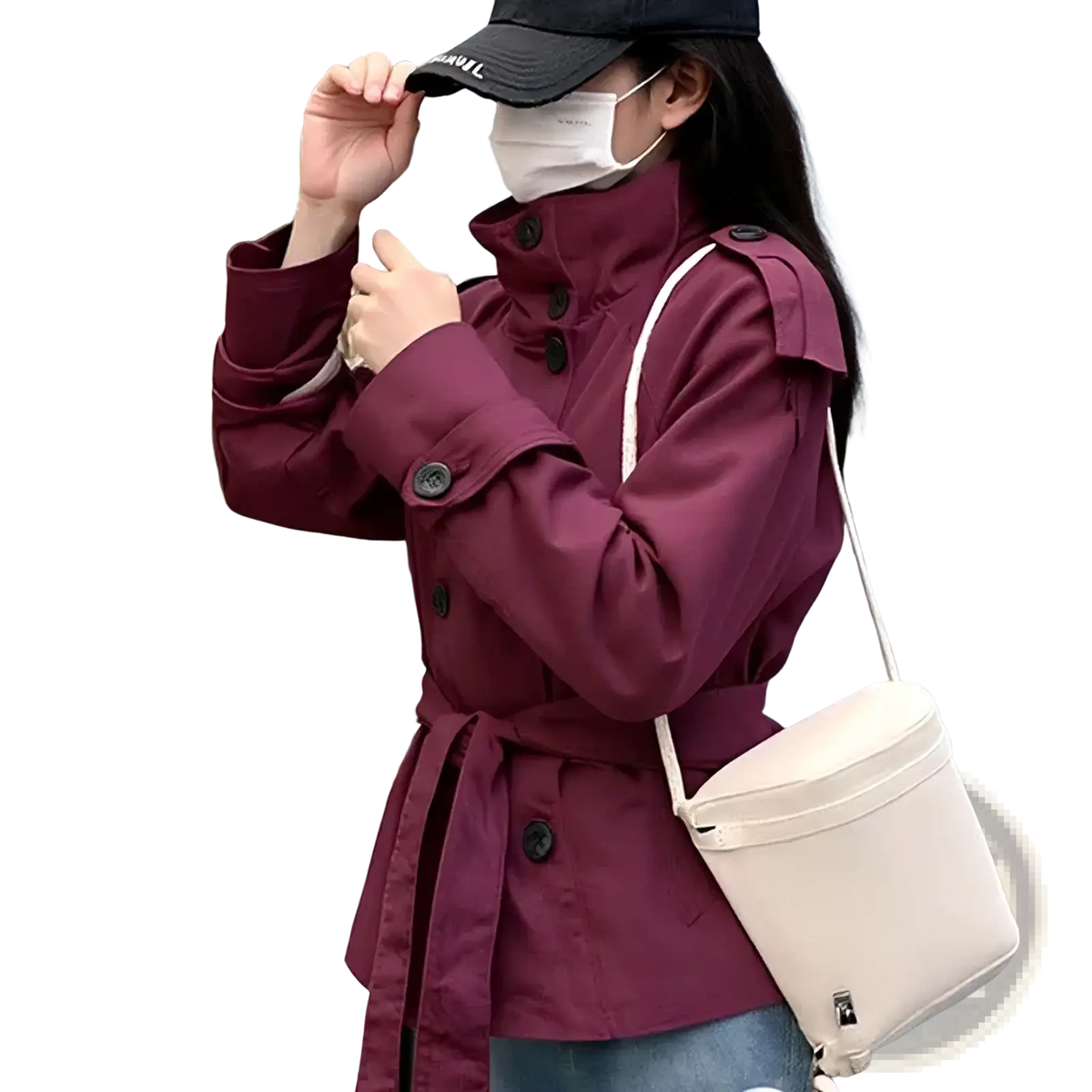 Short trench coat women double breasted streetwear in maroon with black buttons and a belted waist