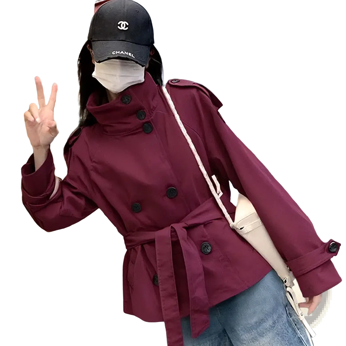 Maroon short trench coat for women with double-breasted black buttons and a belted waist for streetwear
