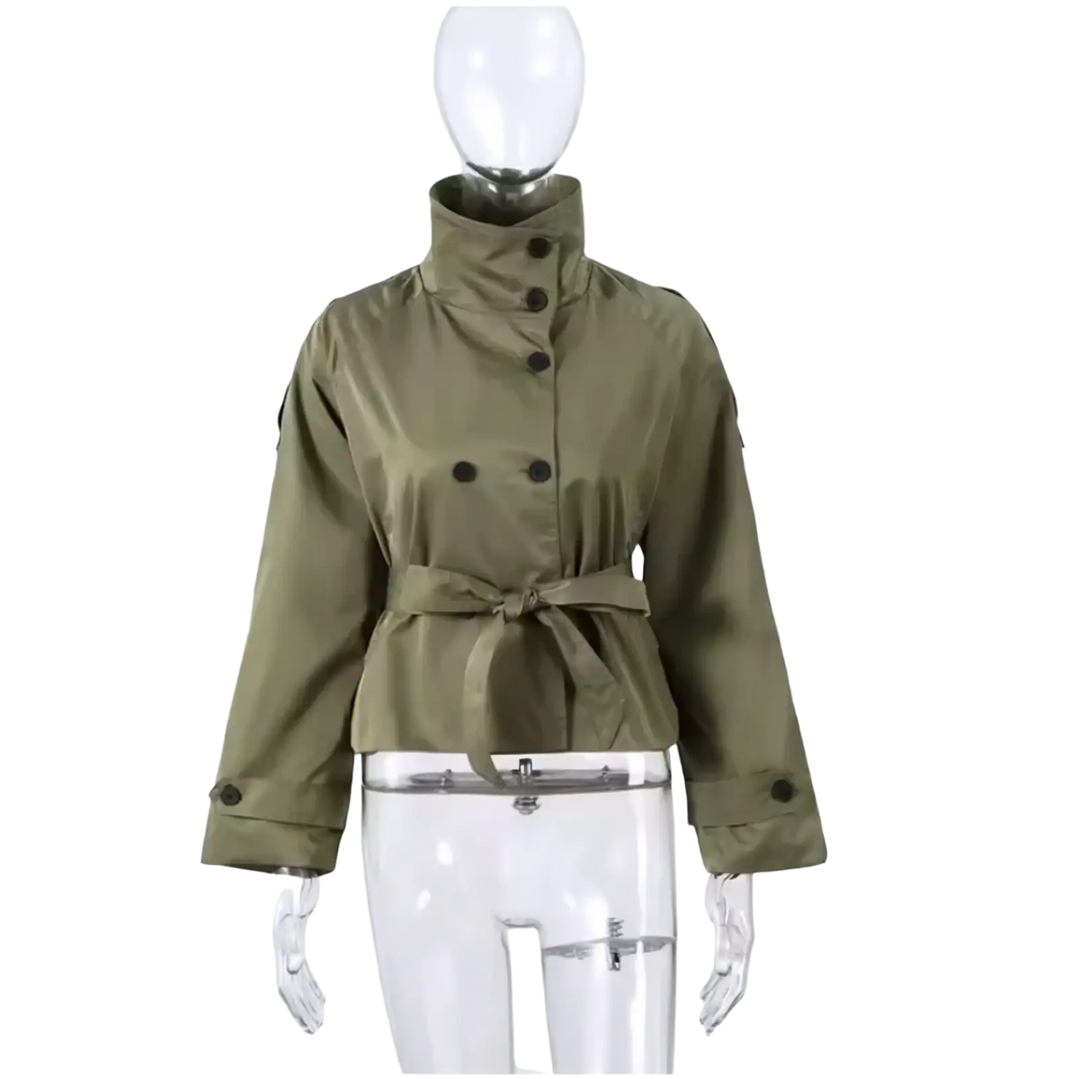 Short trench coat women double breasted olive green with high collar black buttons and self-tie belt streetwear