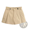 Beige pleated shorts with black button closures styled with a short trench coat women double breasted streetwear