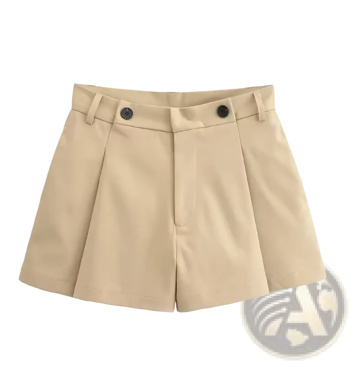 Beige pleated shorts with black button closures styled with a short trench coat women double breasted streetwear