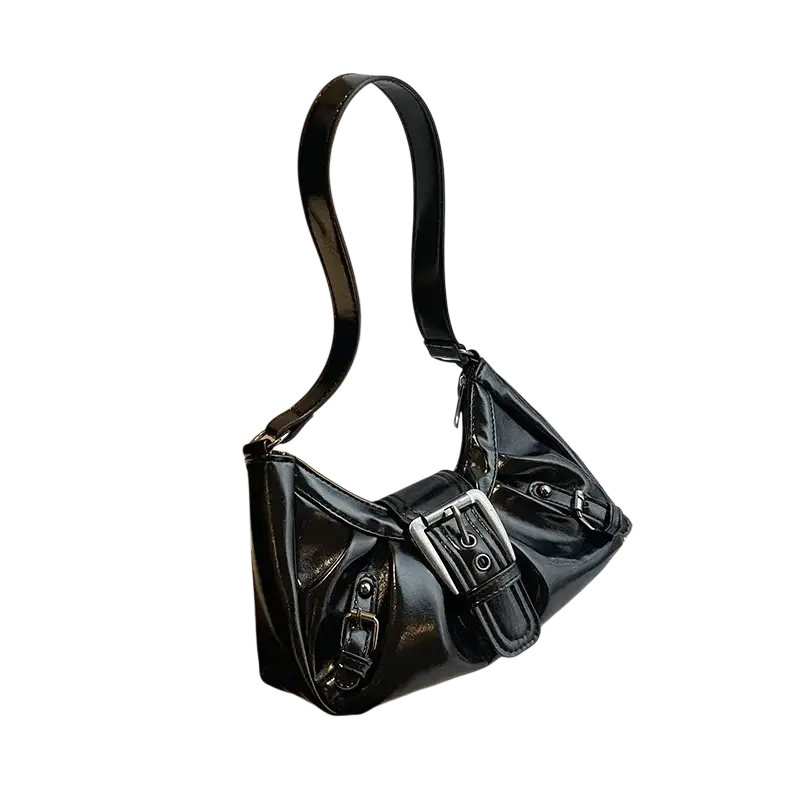 Black patent leather shoulder bag with silver-toned buckle details featured in brown patent leather shoulder bags collection
