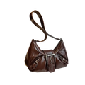Brown leather shoulder bag with silver buckle and adjustable strap in patent leather saddle design for women