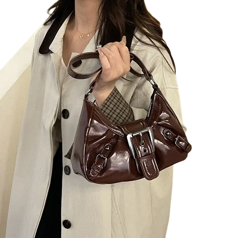 Glossy chocolate brown patent leather shoulder bag with silver buckle and matching straps for women