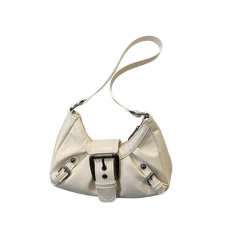 White patent leather shoulder bag with central black buckle and silver-toned hardware for stylish shoulder bags collection