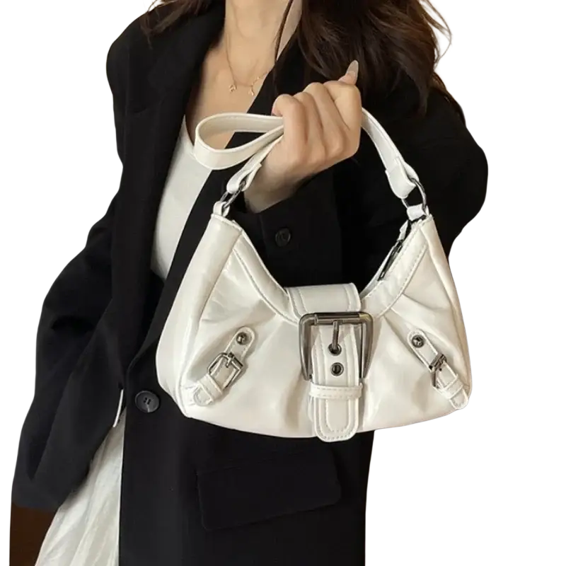 White faux leather shoulder bag with silver-toned buckle and strap details ideal for women’s fashion use