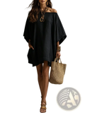 Black off the shoulder linen dress featuring loose flowing batwing sleeves and a relaxed fit for casual wear