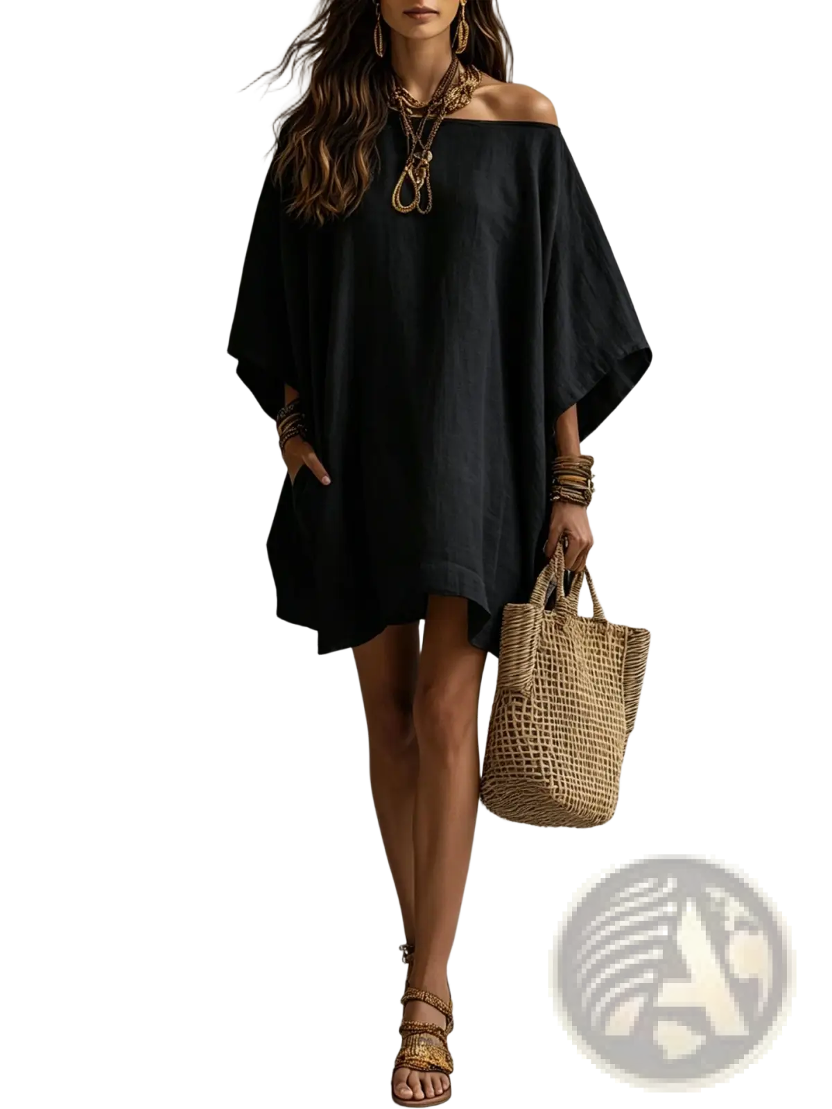 Black off the shoulder linen dress featuring loose flowing batwing sleeves and a relaxed fit for casual wear