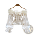 Off-white satin off shoulder blouse with puffy sleeves and ruffled cuffs featuring beaded flower details