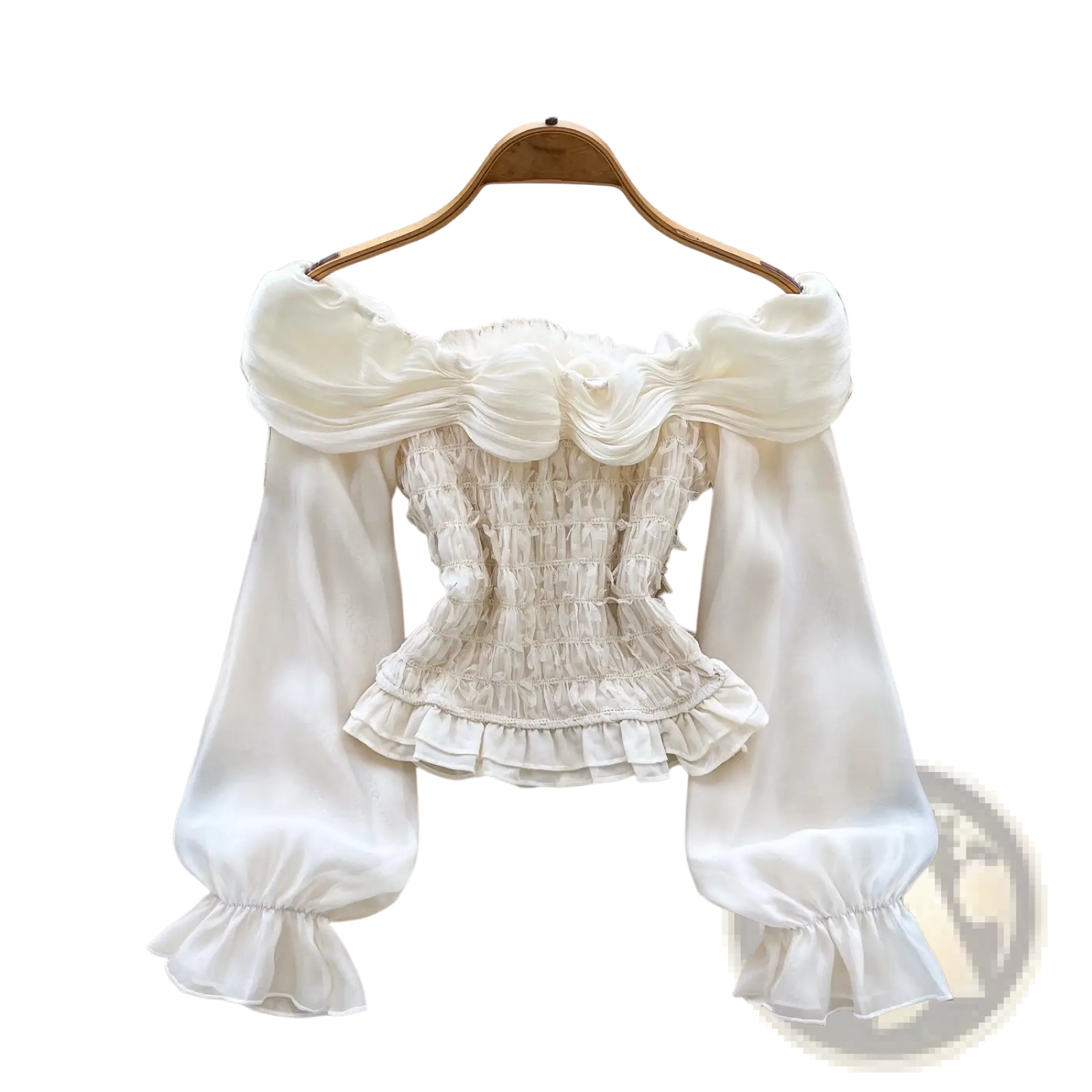 Off-white satin off shoulder blouse with puffy sleeves and ruffled cuffs featuring beaded flower details