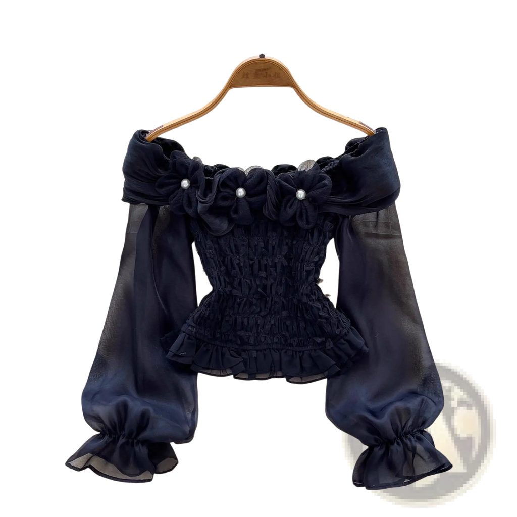 Black off shoulder blouse with beaded floral embellishments and ruffled flared sleeves for elegant occasions
