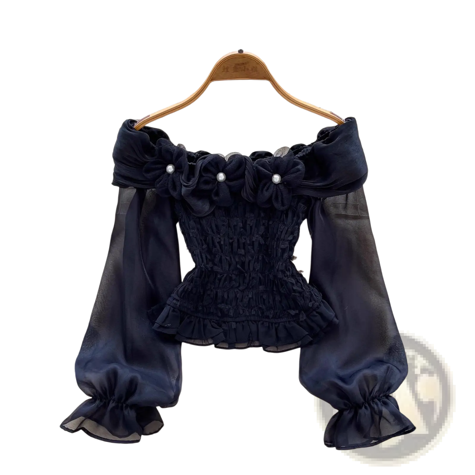 Black off shoulder blouse with beaded floral embellishments and ruffled flared sleeves for elegant occasions
