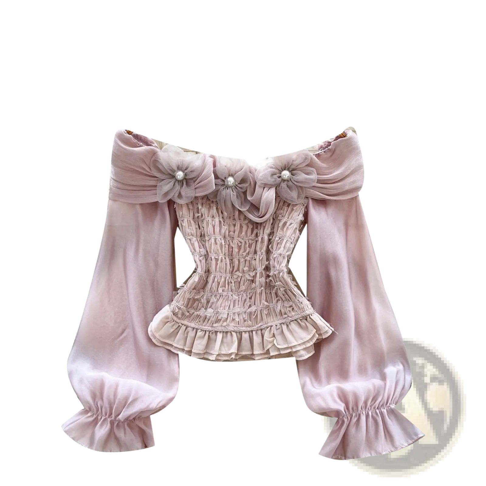 Off shoulder blush pink satin blouse with beaded floral embellishments and flared ruffled sleeves