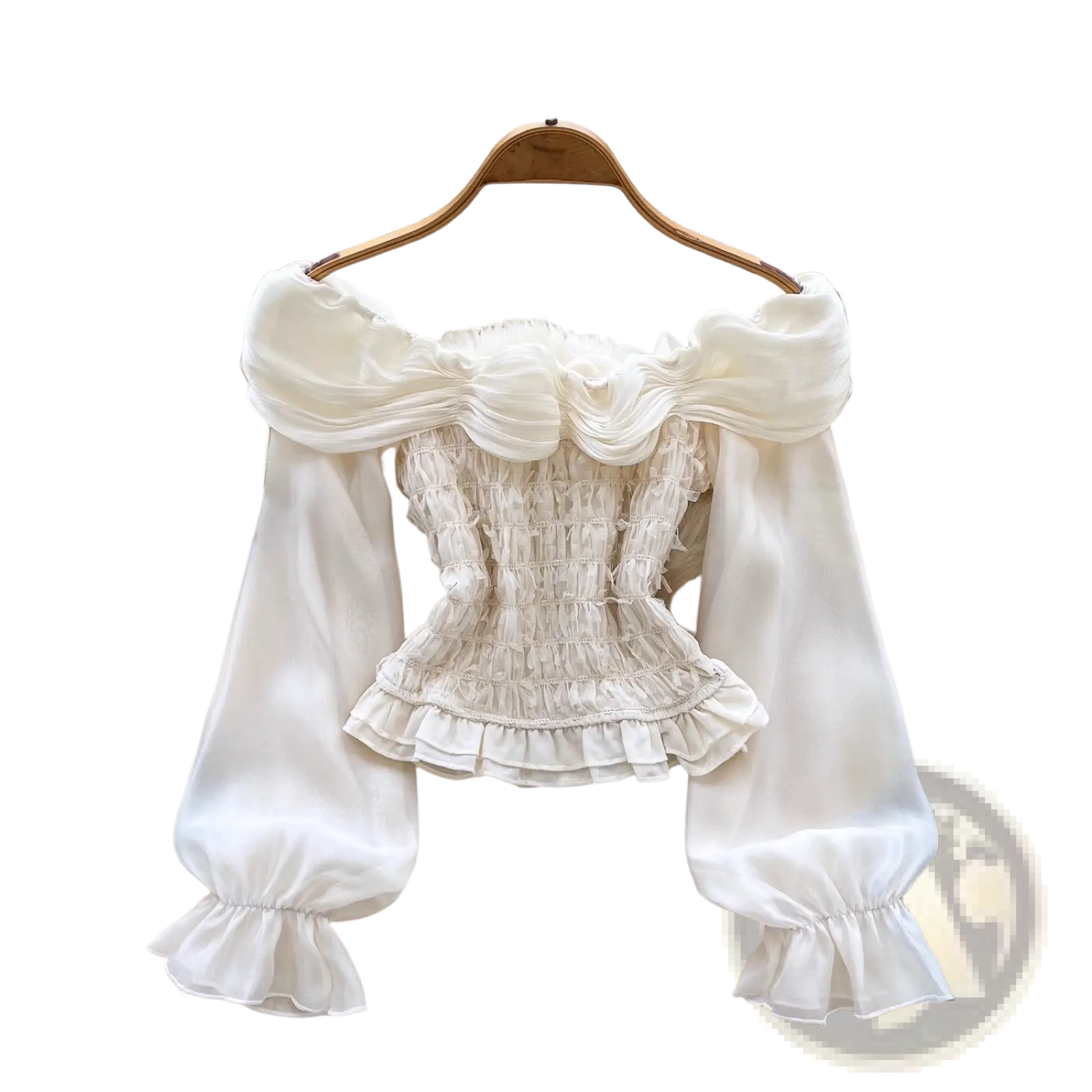 Off shoulder beaded flower white blouse with puffed sleeves, ruffled cuffs, and a smocked pleated bodice