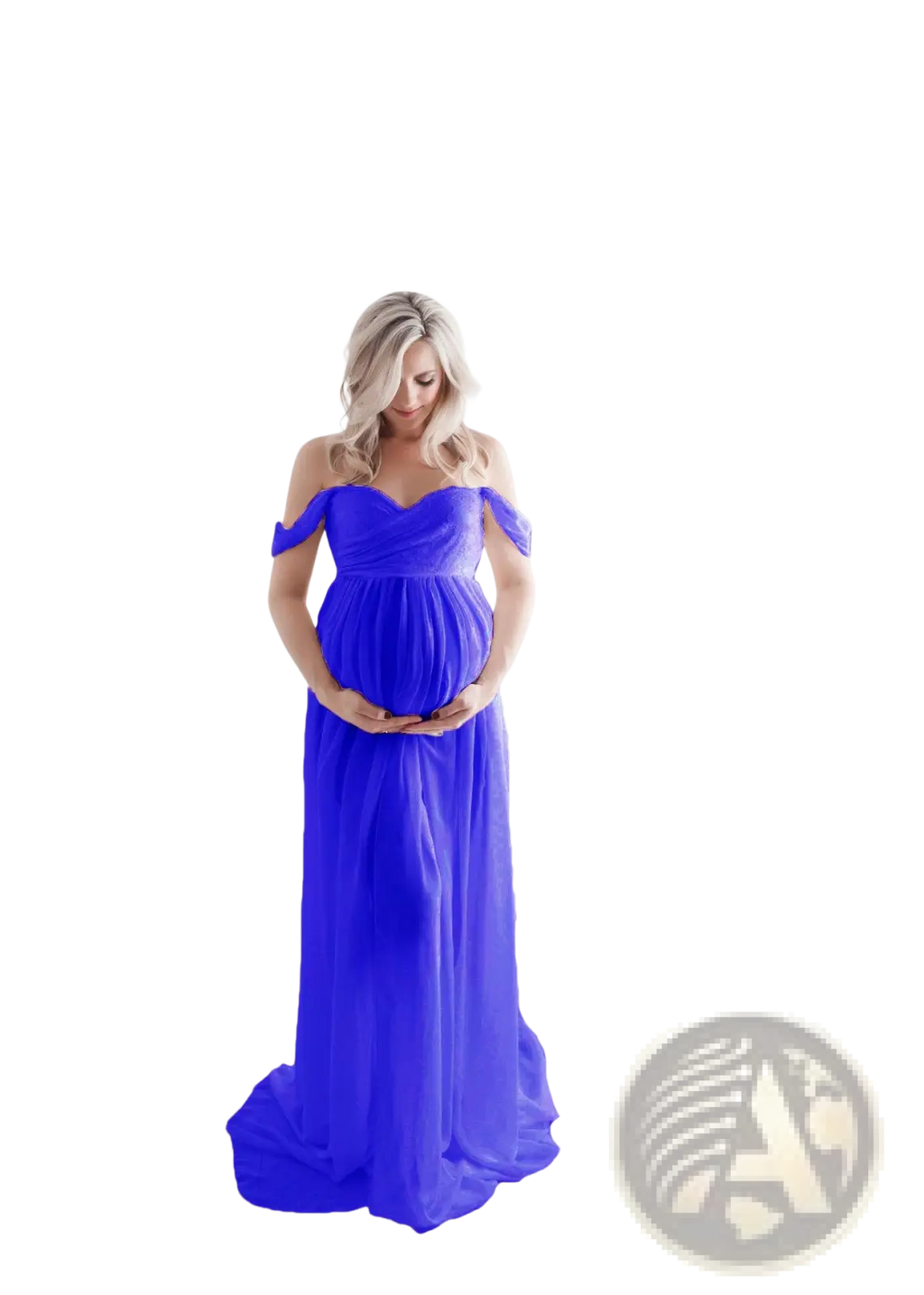 A flowing royal blue chiffon off the shoulder maternity gown with a fitted bodice and long draped skirt for photoshoots