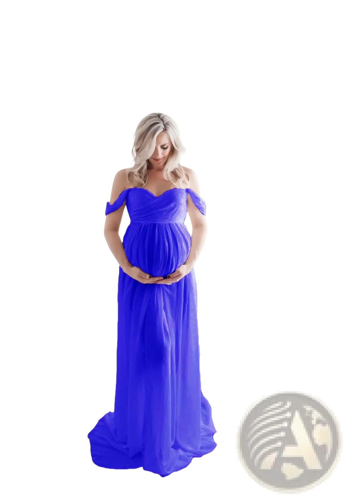 A flowing royal blue chiffon off the shoulder maternity gown with a fitted bodice and long draped skirt for photoshoots
