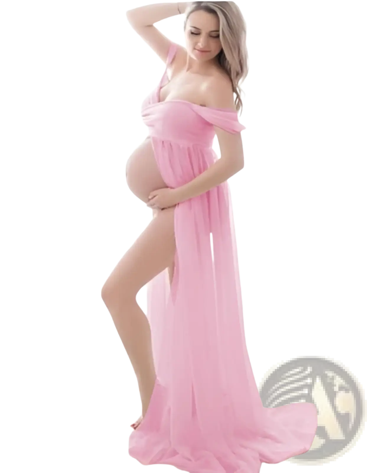 A flowing pink chiffon maternity gown with an off the shoulder design and high slit for photoshoots