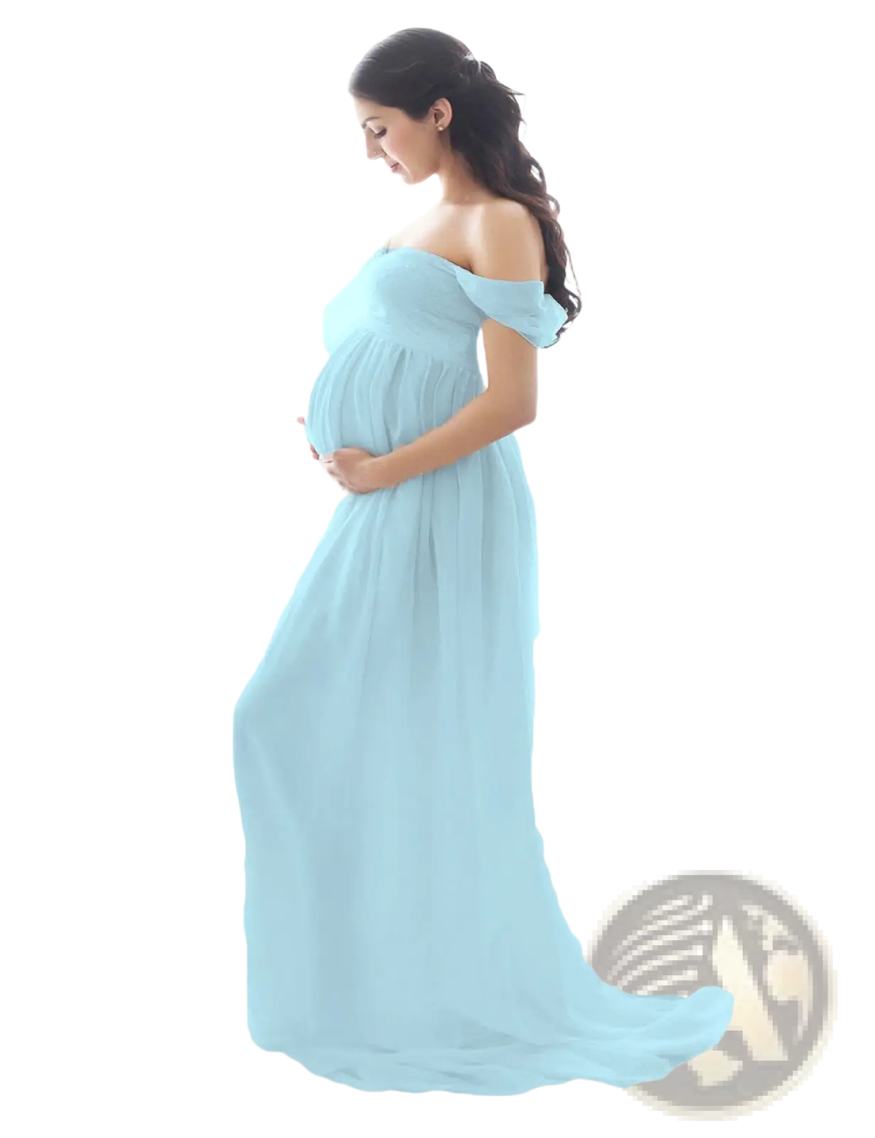 A flowing light blue off the shoulder chiffon maternity gown made of lightweight sheer fabric for photoshoots