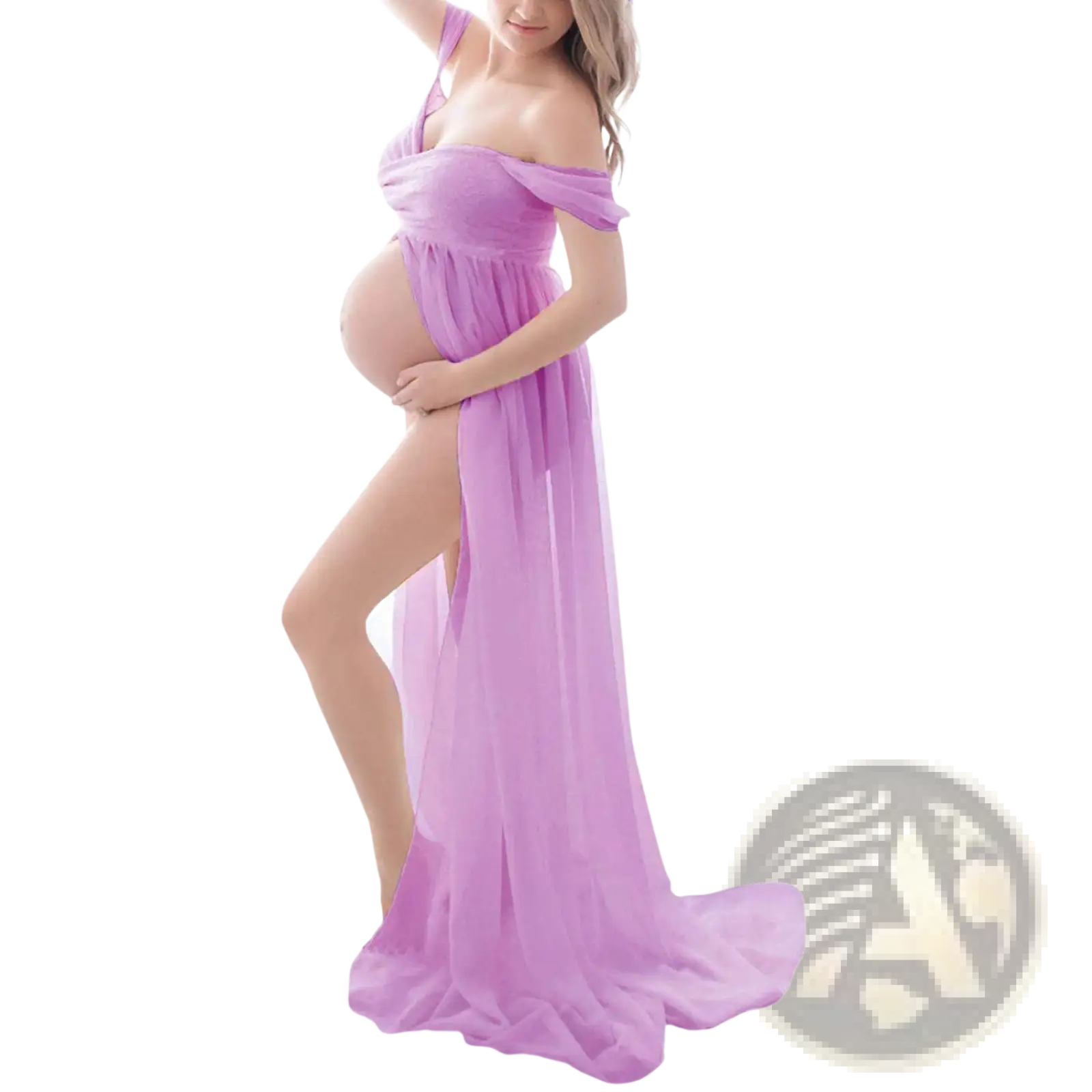 A flowing lavender chiffon maternity gown with an off the shoulder design and high slit for photoshoots