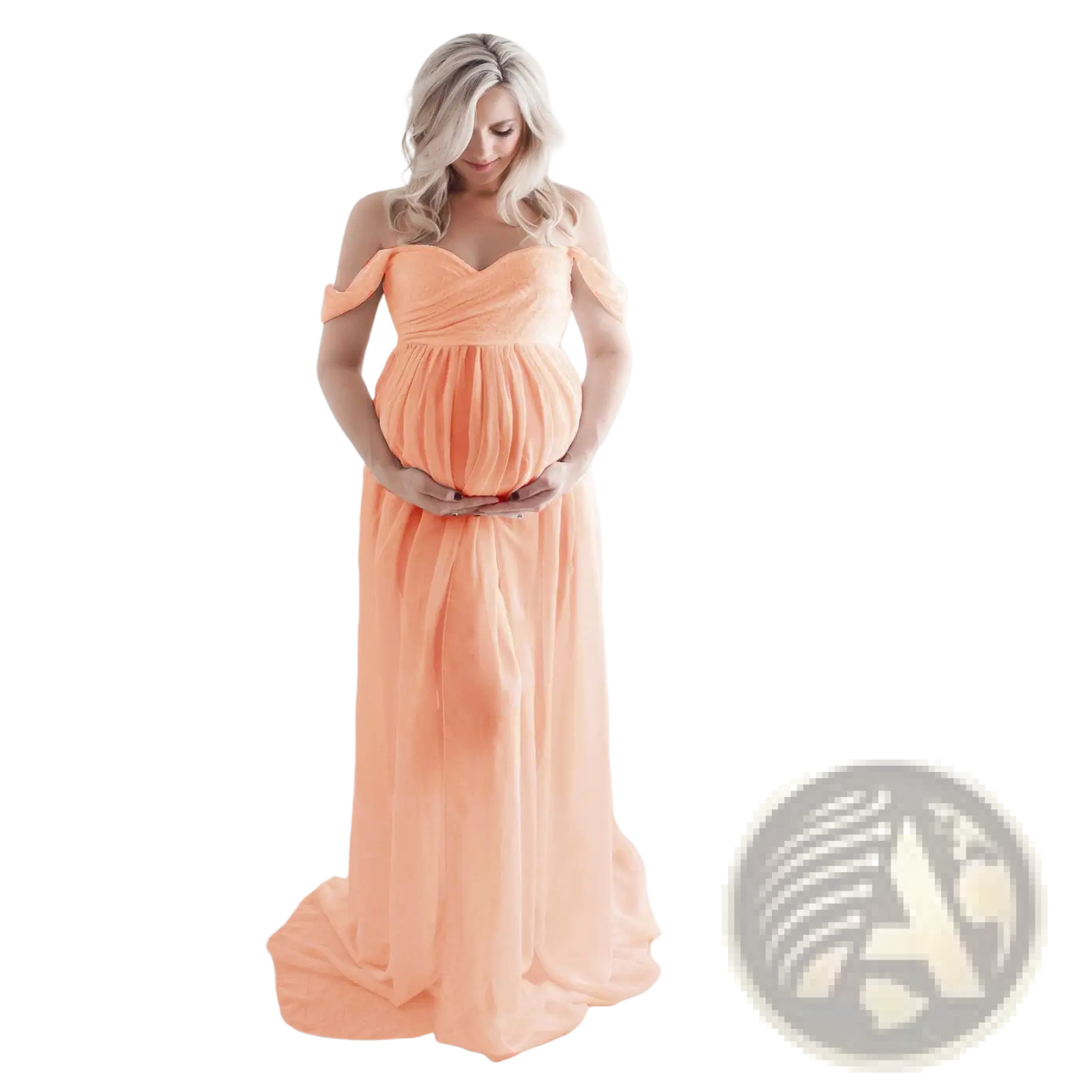 Off the shoulder chiffon maternity gown in peach with ruched bodice and sheer fabric for photoshoots