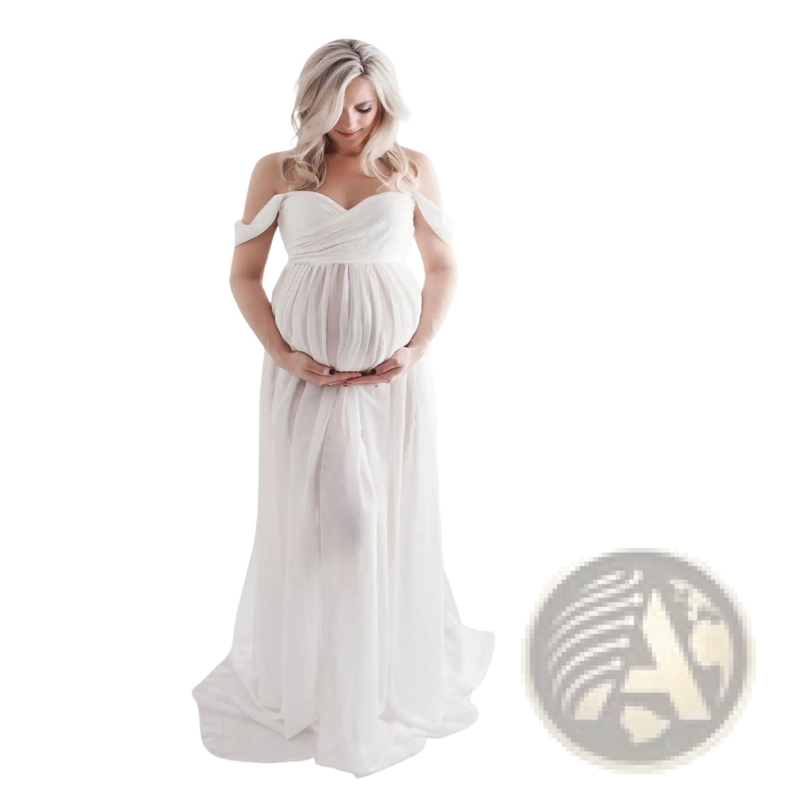 A flowing white off the shoulder chiffon maternity gown with draped bodice and sheer fabric for photoshoots