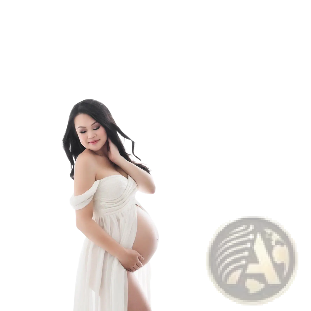 Off the shoulder chiffon maternity gown in white with fitted bodice and high slit ideal for photoshoots