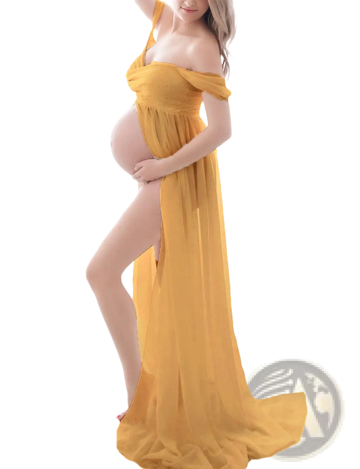 A flowing mustard-yellow chiffon off the shoulder maternity gown with a high slit for photoshoots
