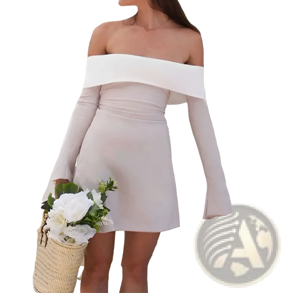 A soft blush off the shoulder mini dress with long flared sleeves and a fitted waist for elegant occasions