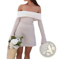 A soft blush off the shoulder mini dress with long flared sleeves and a fitted waist for elegant occasions