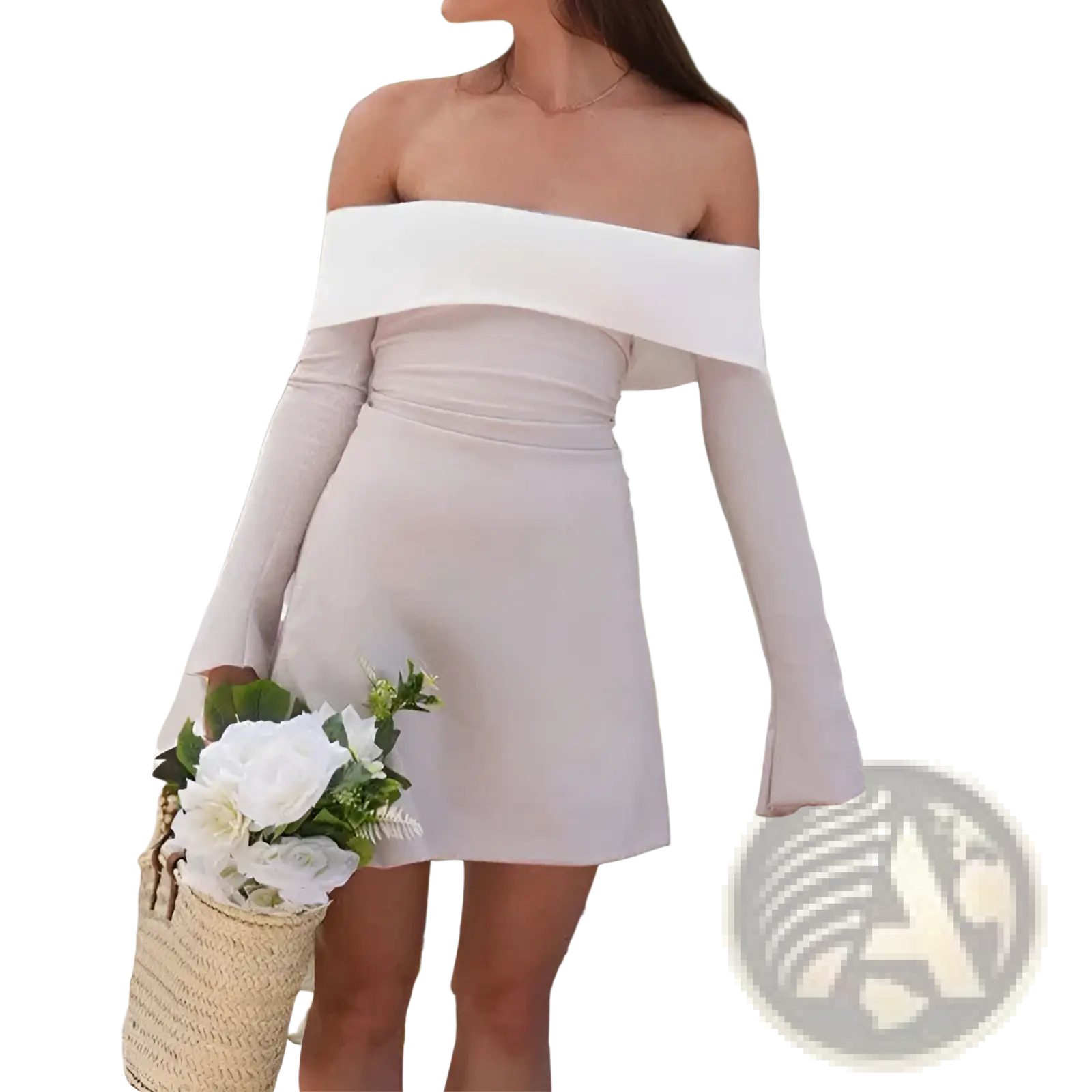 A soft blush off the shoulder mini dress with long flared sleeves and a fitted waist for elegant occasions