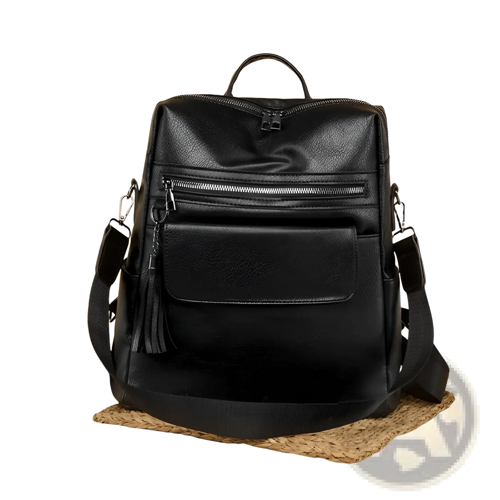One shoulder cream faux leather backpack 35cm with black faux leather front zipper pocket and tassel detail
