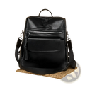 One shoulder cream faux leather backpack 35cm with black faux leather front zipper pocket and tassel detail