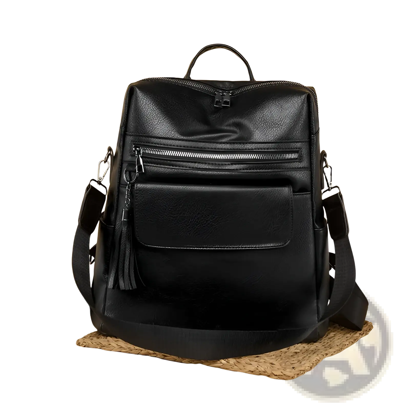 One shoulder cream faux leather backpack 35cm with black faux leather front zipper pocket and tassel detail