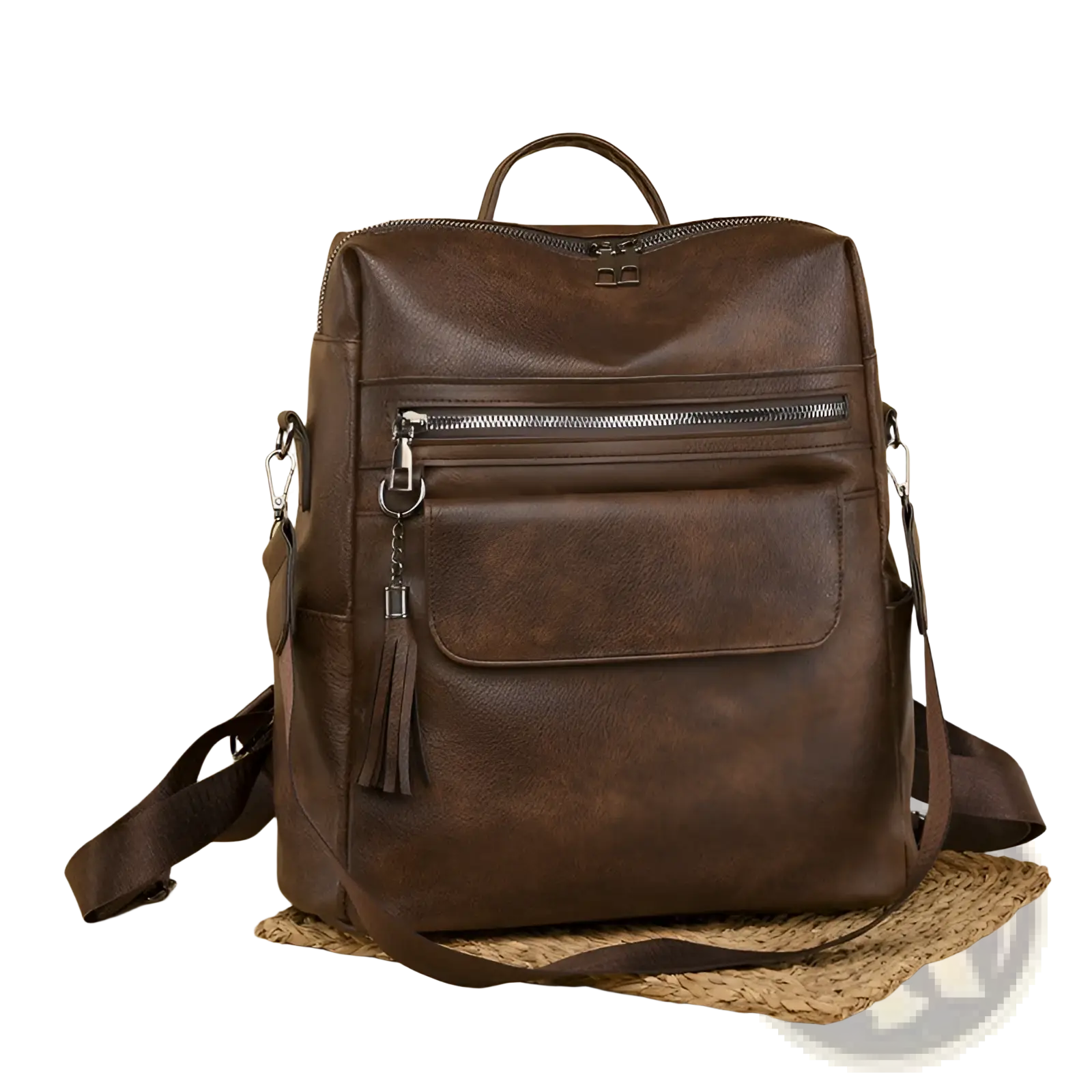 Brown leather one shoulder backpack with front zipper pocket and tassel detail in cream faux leather 35cm