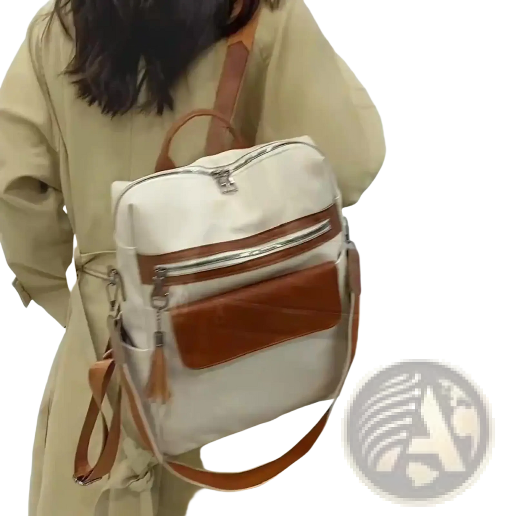 One shoulder cream faux leather backpack 35cm beige canvas with brown leather accents and zippers