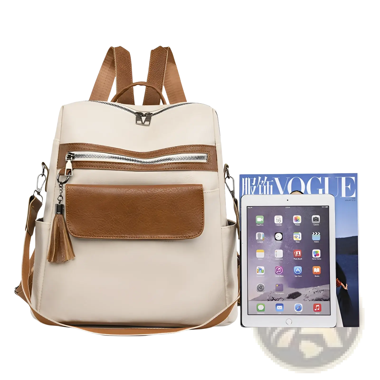 One shoulder cream faux leather backpack with a front zippered pocket tassel detail and silver toned hardware