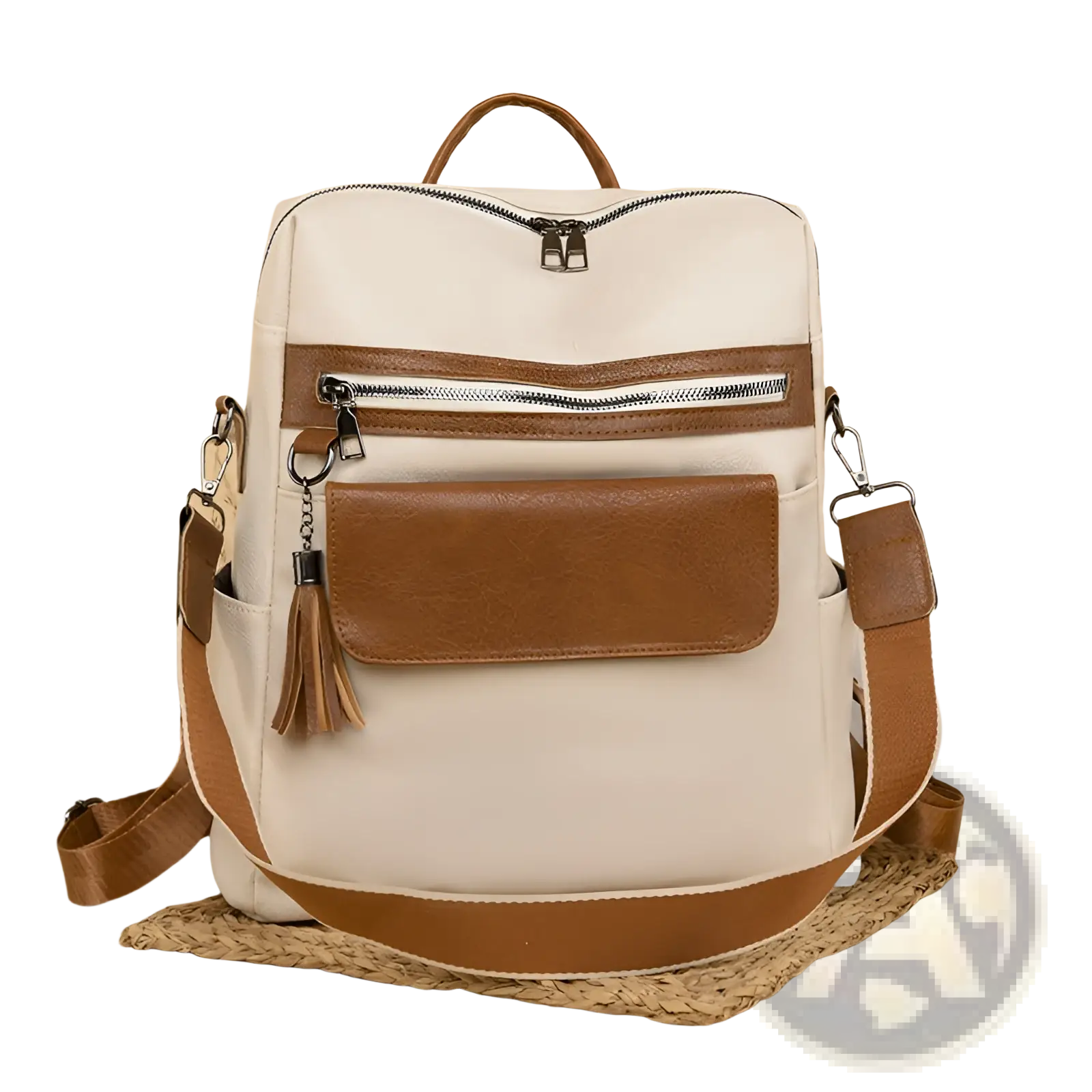 One shoulder cream faux leather backpack 35cm with brown leather accents zippers and straps displayed from the front