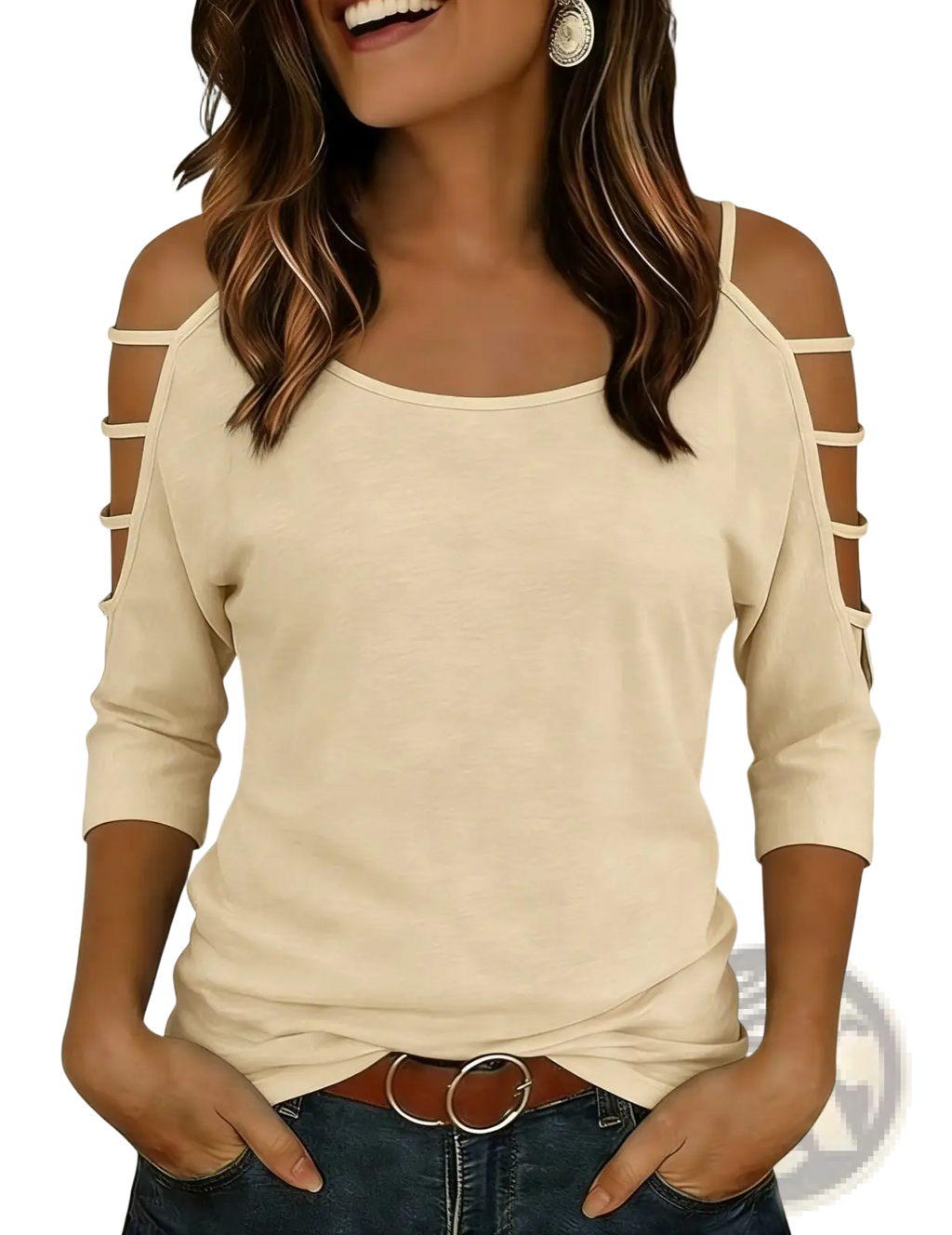 Cream-colored off-shoulder top with cut-out straps and three-quarter sleeves made of soft fabric for stylish wear
