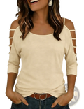 Cream-colored off-shoulder top with cut-out straps and three-quarter sleeves made of soft fabric for stylish wear