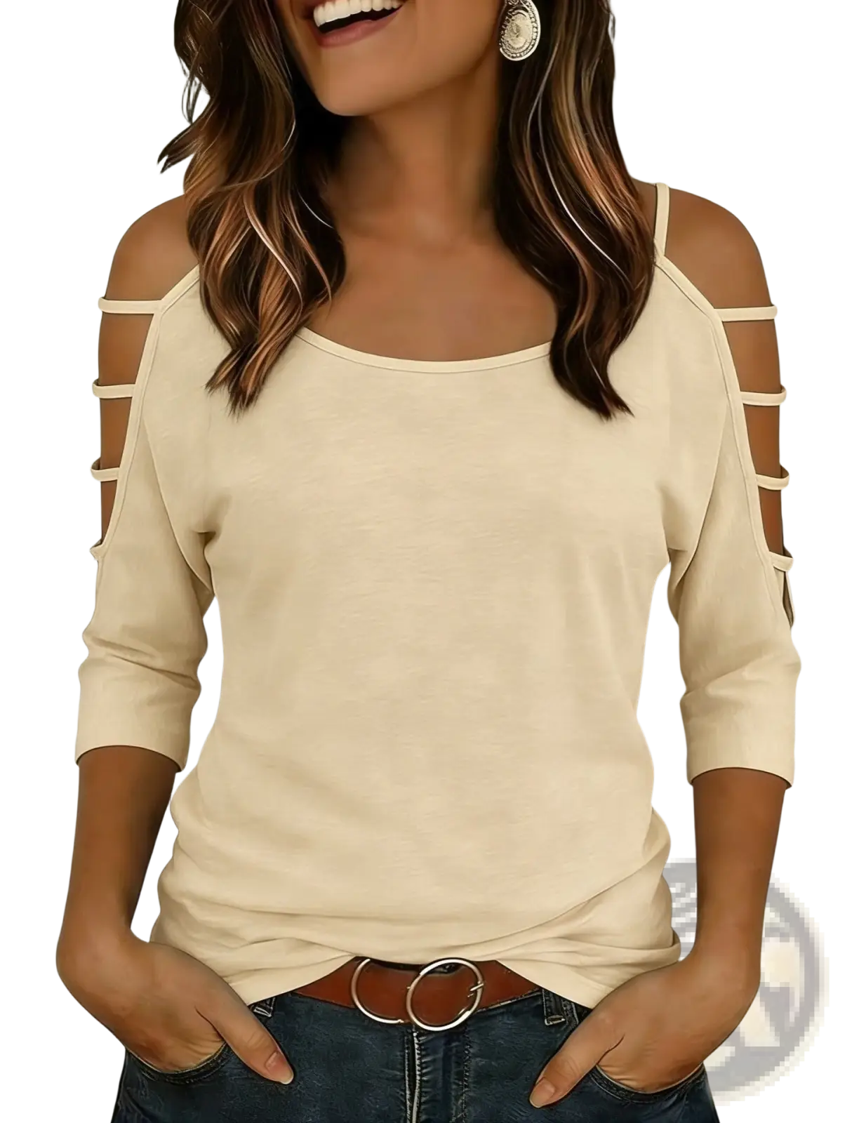 Cream-colored off-shoulder top with cut-out straps and three-quarter sleeves made of soft fabric for stylish wear