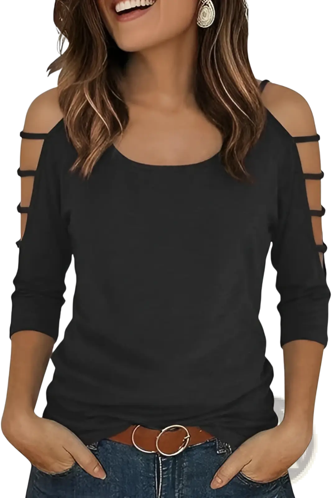 Black off-shoulder cold-shoulder top with three-quarter sleeves and striped cutout details for stylish wear