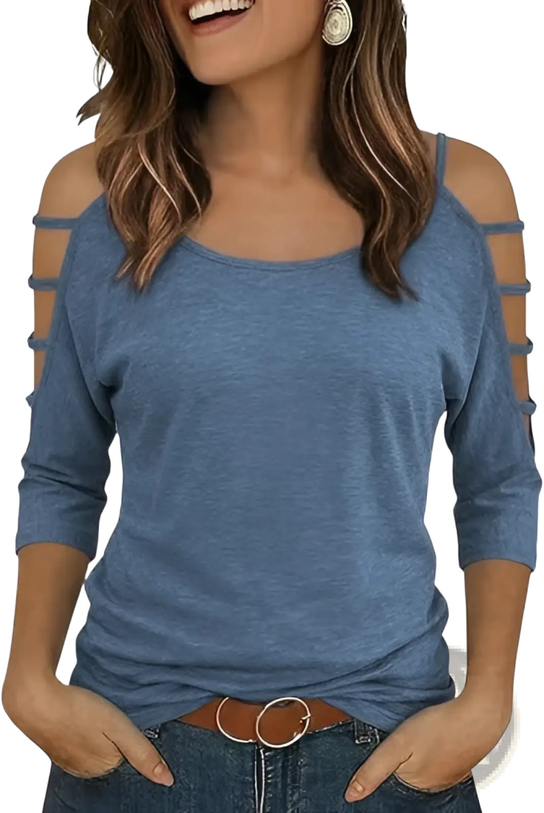 Blue heathered off-shoulder top with three-quarter sleeves and cut-out shoulder straps made from soft fabric