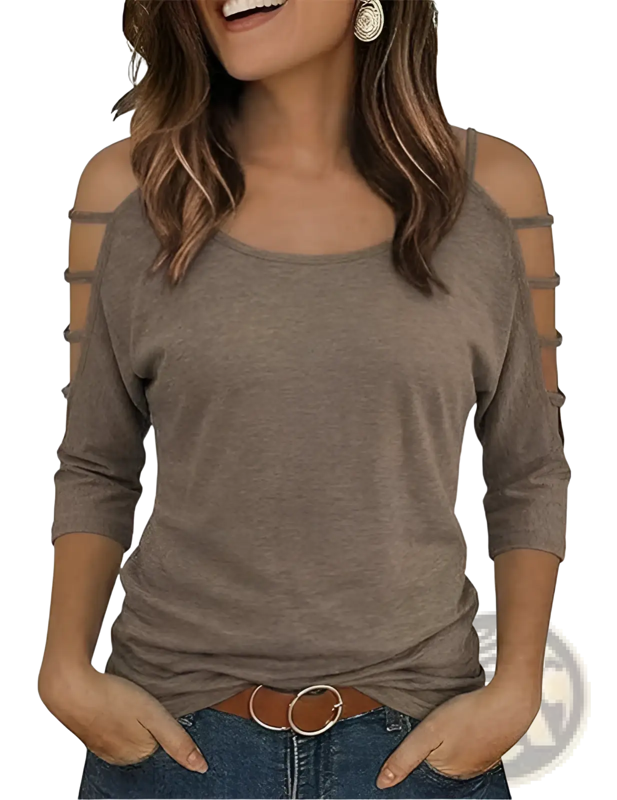 Off-shoulder cut-out top in soft heathered taupe with three-quarter sleeves and decorative shoulder straps